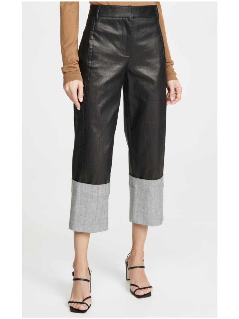 Tibi High-Rise Two-Tone Coated Denim Cropped Cuffed Pants | Size 4 | Black